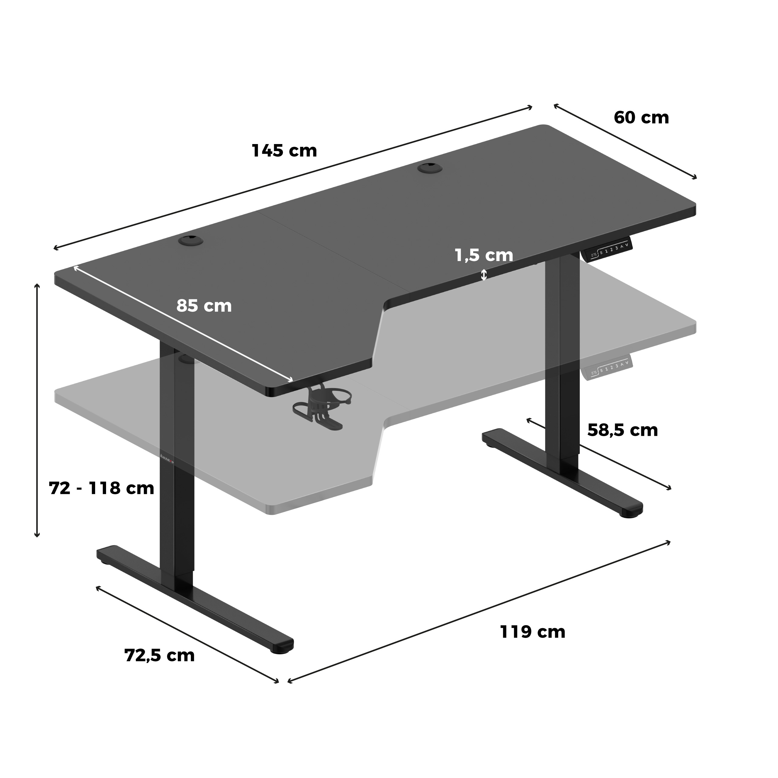 Wymiary biurka elektrycznego Huzaro Hero 9.1