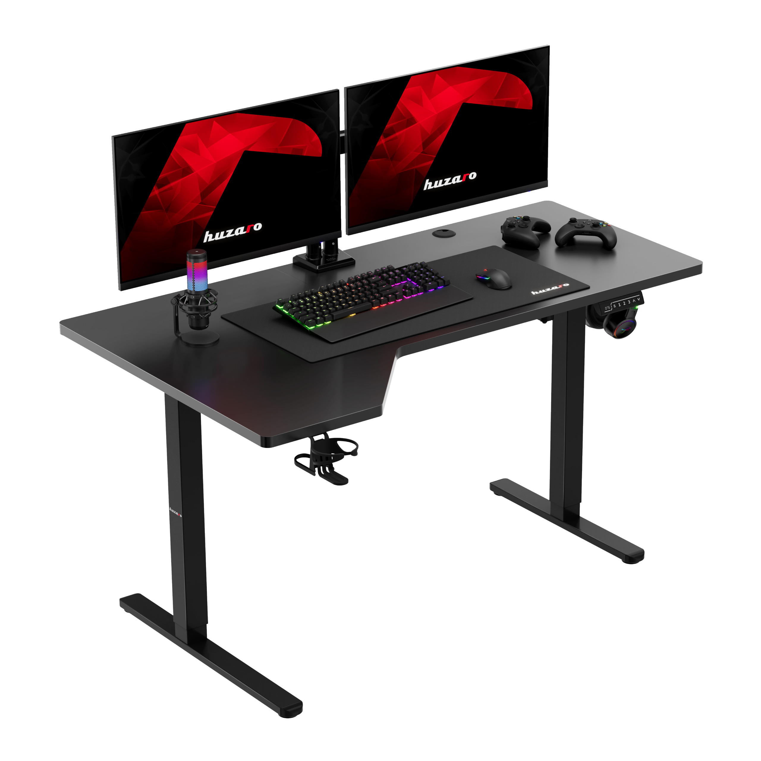 Elektryczne biurko gamingowe Huzaro Hero 9.1 z peryferiami komputerowymi na blacie